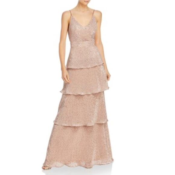 Rose Gold Sequined Evening Gown Pink Size 4 Tiered A-Line Formal Dress by AQUA - Picture 10 of 12
